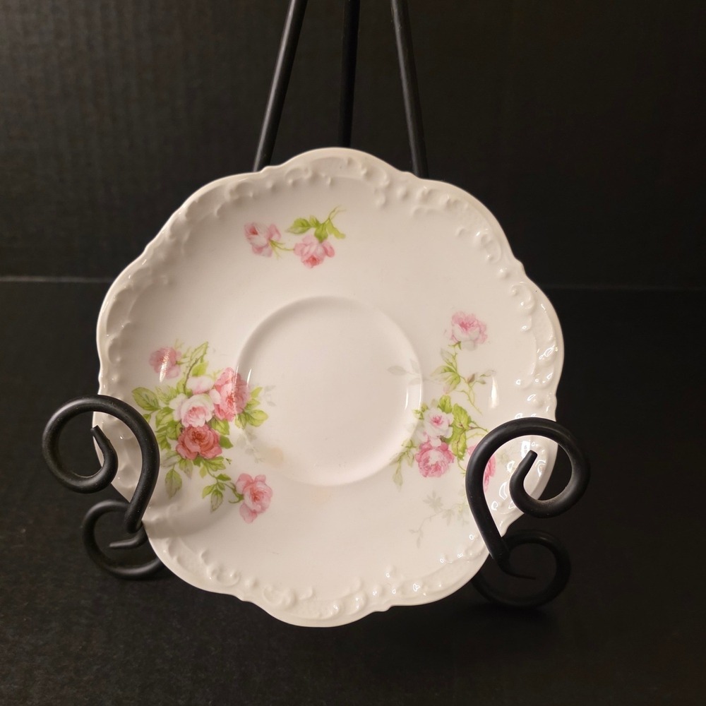 Antique A Lanternier Limoges France Set 6 Pink Rose Floral Porcelain Saucers Tea
